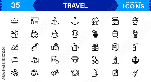 Travel Icon Set Featuring Airplane, Luggage, Destination, Passport, and Vacation Symbols in Clean, Professional Vector Design for Stock Use