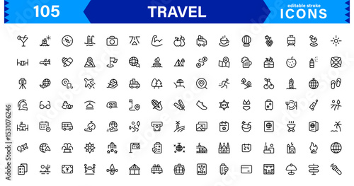 Travel Icon Set Featuring Airplane, Luggage, Destination, Passport, and Vacation Symbols in Clean, Professional Vector Design for Stock Use