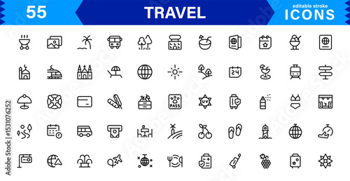 Travel Icon Set Featuring Airplane, Luggage, Destination, Passport, and Vacation Symbols in Clean, Professional Vector Design for Stock Use