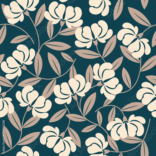 Elegant Teal and Cream Floral Pattern Seamless Textile Design for Fashion, Home Decor, and Wallpaper