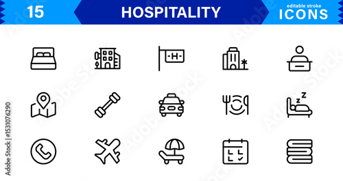 Hospitality Icon Collection with Hotel, Service, Room, Food, and Reception Symbols in Minimalist, Marketable Vector Style for Digital Assets