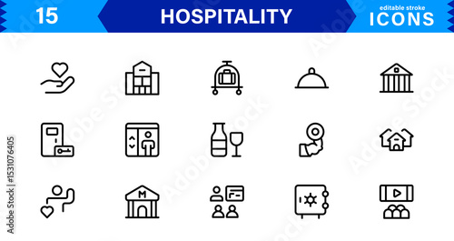 Hospitality Icon Collection with Hotel, Service, Room, Food, and Reception Symbols in Minimalist, Marketable Vector Style for Digital Assets