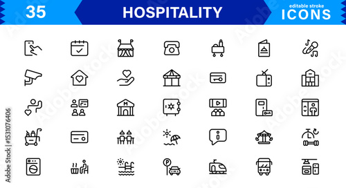 Hospitality Icon Collection with Hotel, Service, Room, Food, and Reception Symbols in Minimalist, Marketable Vector Style for Digital Assets