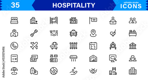 Hospitality Icon Collection with Hotel, Service, Room, Food, and Reception Symbols in Minimalist, Marketable Vector Style for Digital Assets