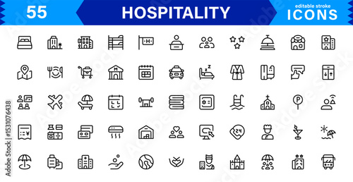 Hospitality Icon Collection with Hotel, Service, Room, Food, and Reception Symbols in Minimalist, Marketable Vector Style for Digital Assets