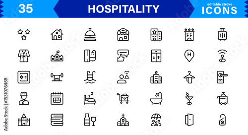 Hospitality Icon Collection with Hotel, Service, Room, Food, and Reception Symbols in Minimalist, Marketable Vector Style for Digital Assets
