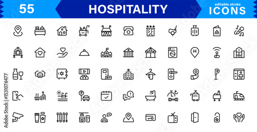 Hospitality Icon Collection with Hotel, Service, Room, Food, and Reception Symbols in Minimalist, Marketable Vector Style for Digital Assets