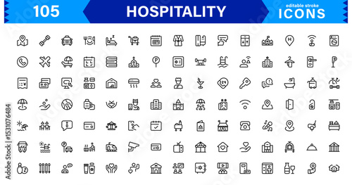Hospitality Icon Collection with Hotel, Service, Room, Food, and Reception Symbols in Minimalist, Marketable Vector Style for Digital Assets