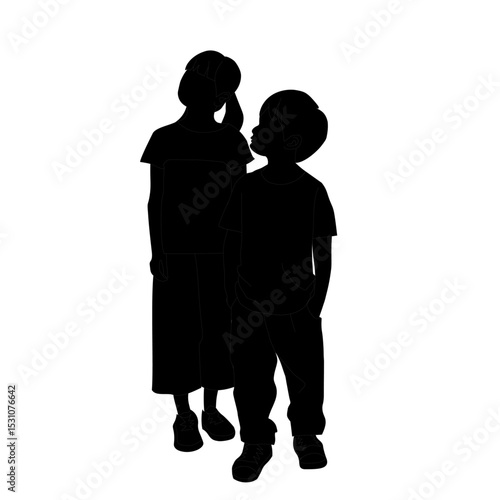 立ったまま大人を見上げて話を聞いている子供達のシルエットイラスト