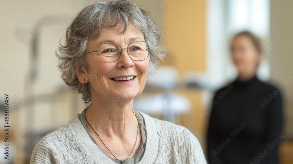 Fototapeta premium Smiling elderly woman with glasses in a bright indoor setting