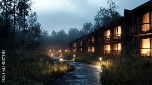 Wallpaper Mural This image captures a peaceful hotel setting illuminated by soft light in a misty forest, emphasizing tranquility and nature's beauty for a relaxing getaway. Torontodigital.ca