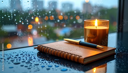 Close-up notebook, pen and candle on the table near the window in the evening twilight after the rain