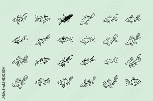 Featherfin Catfish, aquarium fish, line art illustration