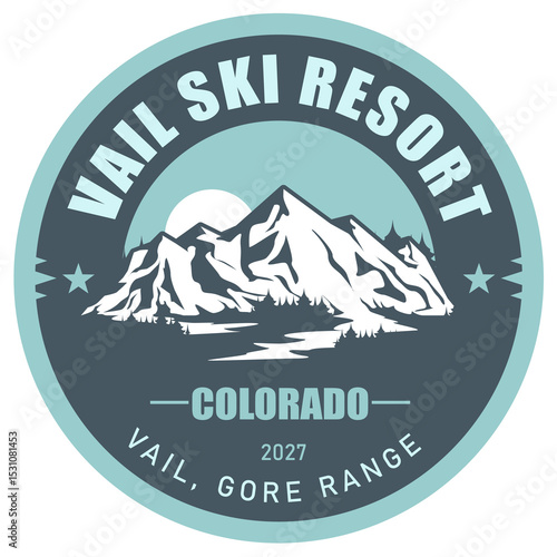 Vail Ski Resort stamp, Colorado, emblem with snow covered peaks, vector