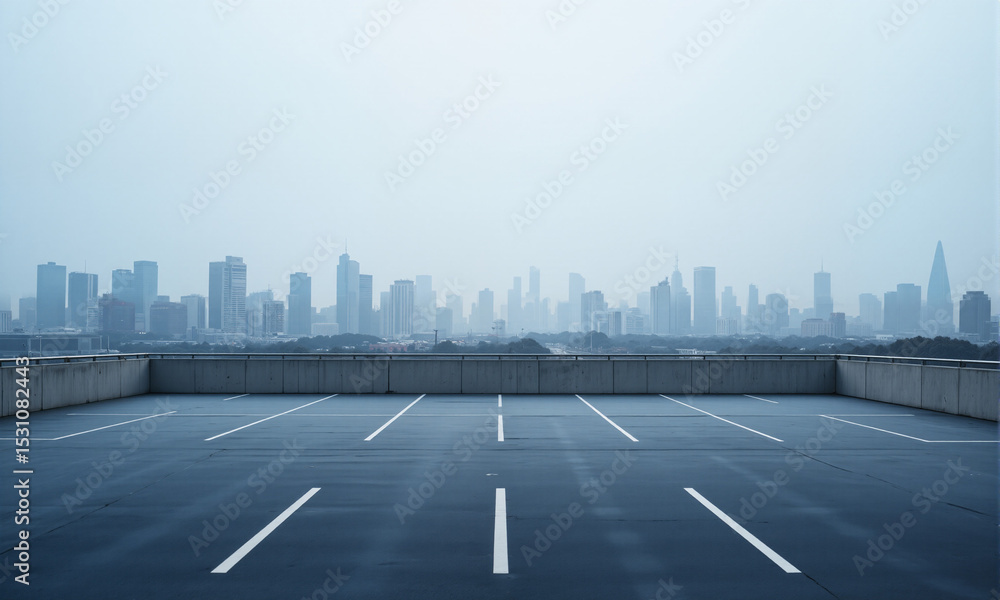 Empty parking lot with cityscape in background