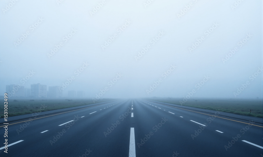 Fototapeta premium Empty road leading through fog with city in distance