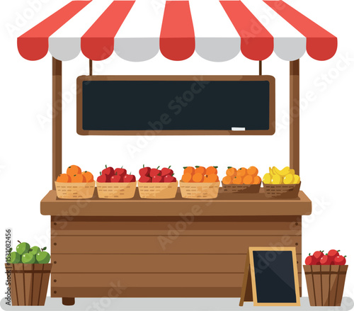 Fruit stall market stand with colorful fresh fruits and striped canopy vector illustration 