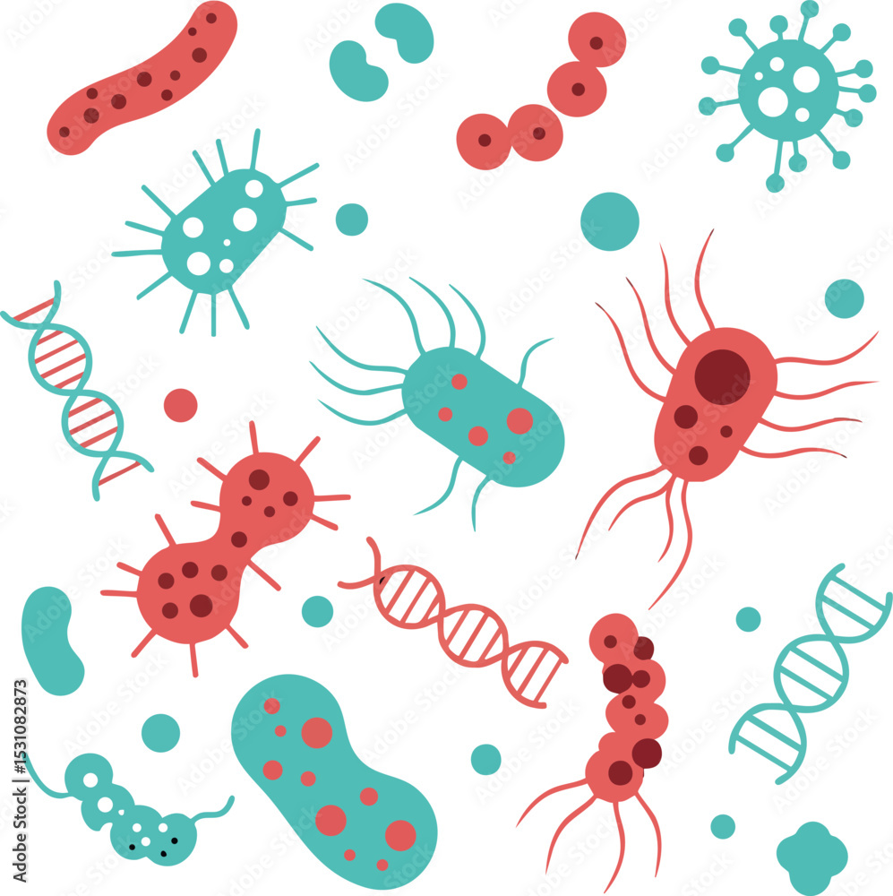 Microscopic bacteria and DNA strands vector illustration in red and blue colors for science and biology concepts Microscopic bacteria and DNA strands vector illustration in red and blue colors for science and biology concepts
