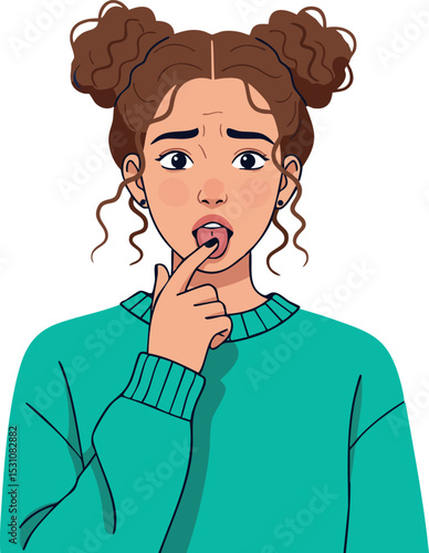 Young woman with worried expression biting fingernail in teal sweater vector illustration