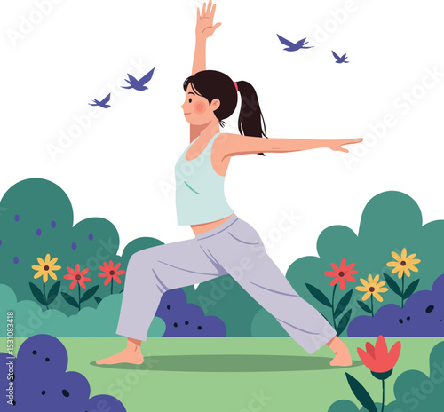 Woman practicing yoga warrior pose outdoors in garden with birds and flowers vector illustration 