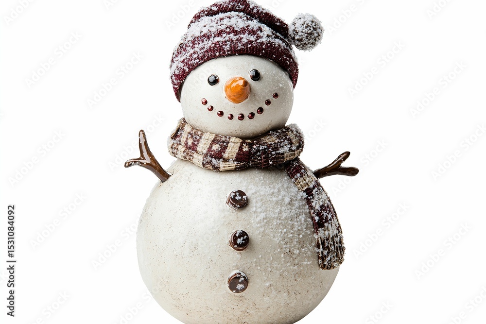 A snowman with a red and black scarf and a hat. , isolated on white background. A snowman with a red and black scarf and a hat. , isolated on white background.