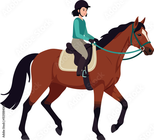Woman riding brown horse with black mane and tail in equestrian gear vector illustration 