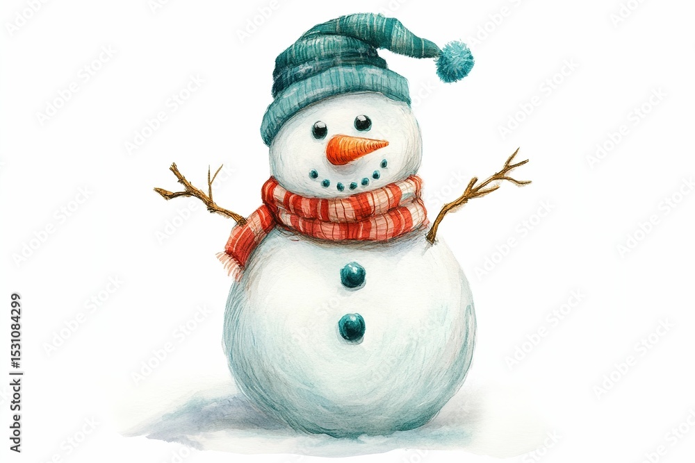 A snowman with a red and black scarf and a hat. , isolated on white background. A snowman with a red and black scarf and a hat. , isolated on white background.