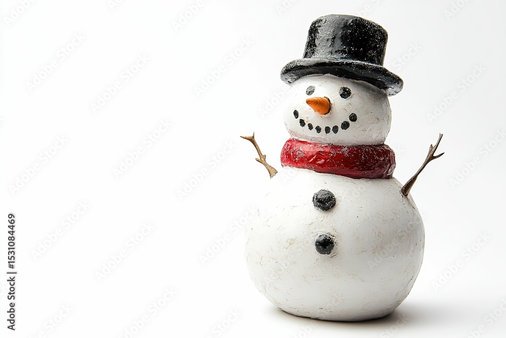 A snowman with a red and black scarf and a hat. , isolated on white background. A snowman with a red and black scarf and a hat. , isolated on white background.
