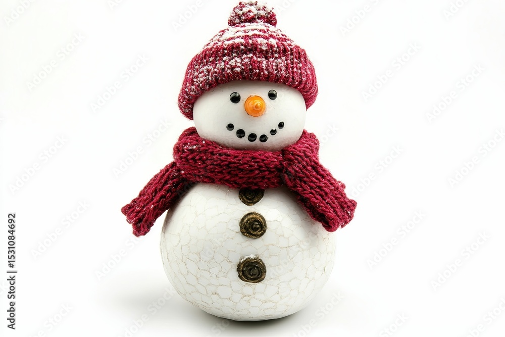 A snowman with a red and black scarf and a hat. , isolated on white background. A snowman with a red and black scarf and a hat. , isolated on white background.