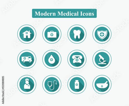 Modern flat style medical icons with teal backgrounds and long shadows, ideal for health, clinic, or hospital-related designs.