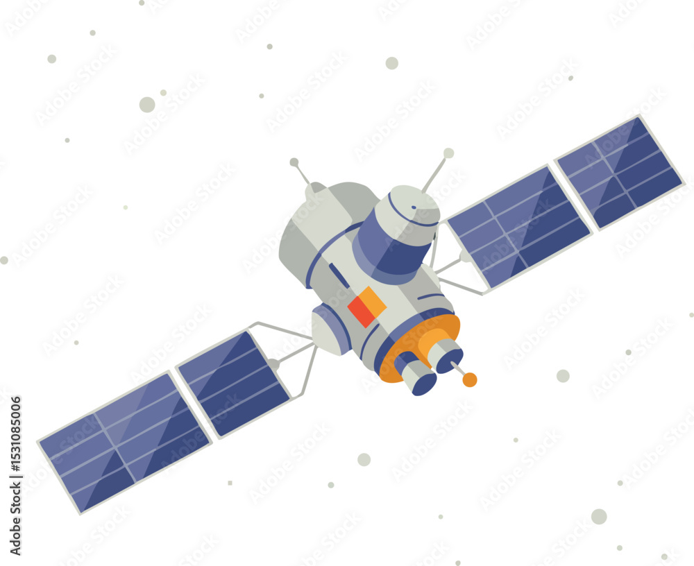 Fototapeta premium Satellite with solar panels orbiting in space vector illustration digital technology 