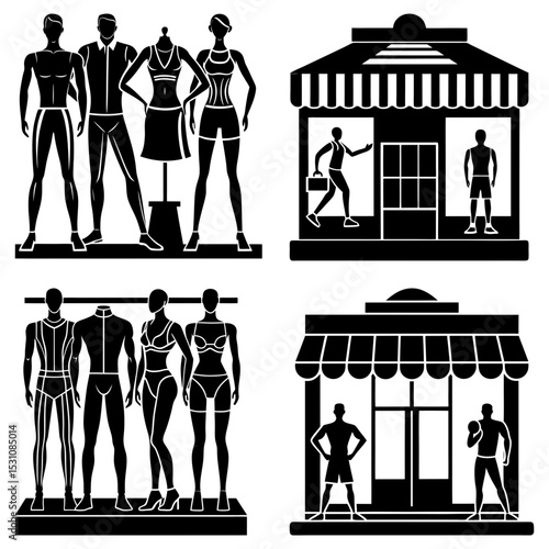 Black and white vector illustration of mannequins and storefronts in a fashion retail setting