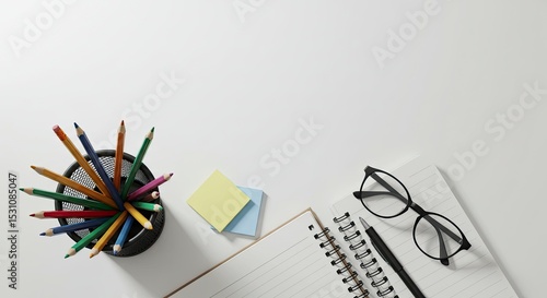 Top Down View Of Office Desk Workspace With Colorful Pencils Notepad Glasses And Sticky Notes on White Surface