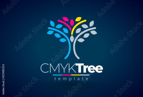 Cmyk Logo. Abstract Tree and Leafs. Printing theme. Template design vector. Black background