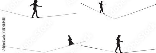 Vector art of silhouetted figures navigate precarious tightropes, isolated on white background, a minimalist vector illustration of balance and risk