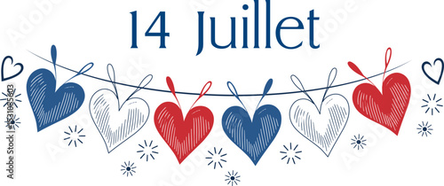 14 Juillet, fête nationale, guirlande tricolore bleu, blanc, rouge, avec des cœurs