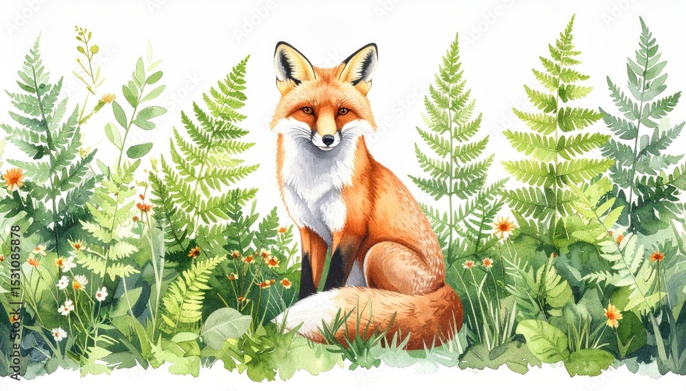Obraz premium Watercolor Fox Portrait Amidst Ferns and Wildflowers, Forest Edge Illustration