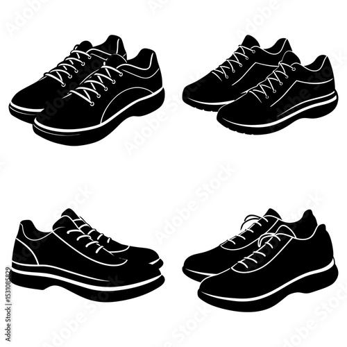 Four pairs of black and white athletic shoes displayed in a symmetrical arrangement on a white background