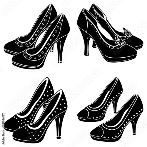 Collection of four pairs of black high heel shoes with different designs and embellishments on a white background