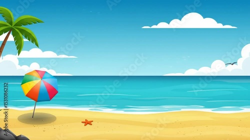 Vibrant beach scene with colorful umbrella perfect for summer vacation or holiday illustrations
