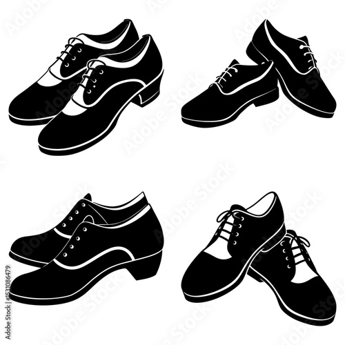 Four pairs of black and white dress shoes arranged in a square pattern on a white background clearly visible