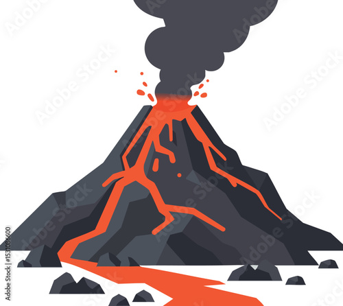 Volcano Eruption Vector Illustration with Lava Flow and Smoke in Dark Colors 