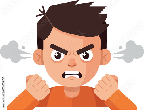 Angry young man cartoon character with clenched fists and steam from ears vector illustration 