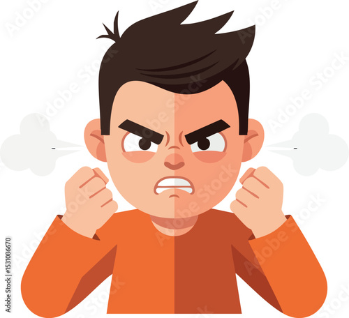 Angry boy character with clenched fists and steam from ears vector illustration 