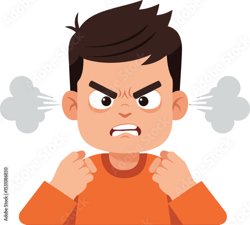 Angry young boy expression with steam coming out from ears vector illustration in orange shirt 