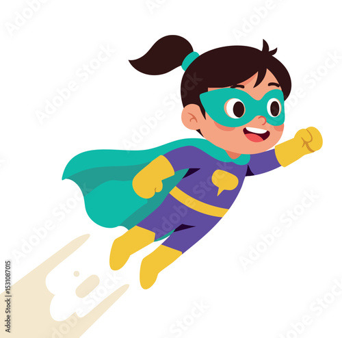Girl superhero flying in purple yellow costume with teal cape and mask vector illustration 