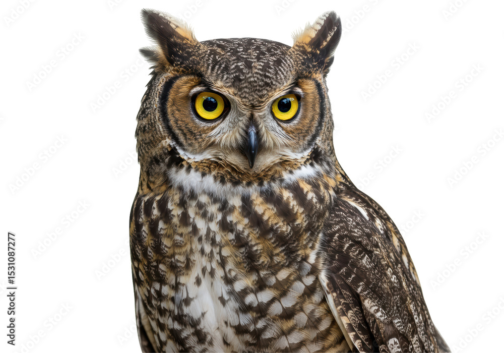 Fototapeta premium Isolated Great Horned Owl Staring Intensely Portrait