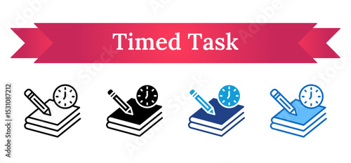 Timed Task Multi Style Icon - Stack of papers with pencil and clock shows written trainee tasks with deadlines or submission schedules