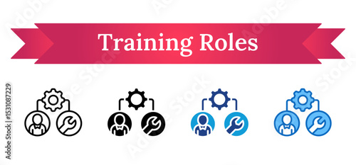 Training Roles Multi Style Icon - Three circles representing a person, gear, and wrench to symbolize trainee roles, tools, and task assignments