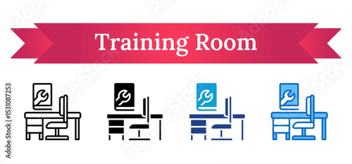 Training Room Multi Style Icon - Desk and chair with wrench poster represents classroom or training room for hands-on trainee sessions